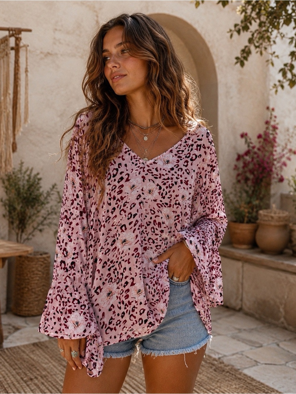 Pink Floral Wide Sleeve Blouse Top